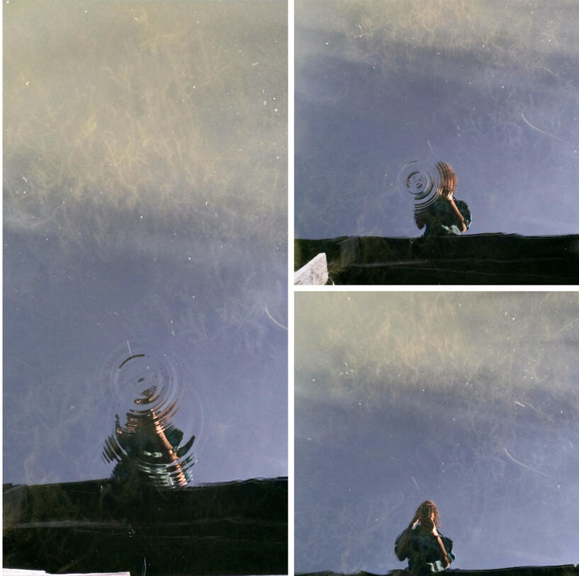 kolaż 3elementowy, kręgi na wodzie zasłaniają postać odbijającą się w wodzie, na każdym zdjęciu kręgi się zmniejszają